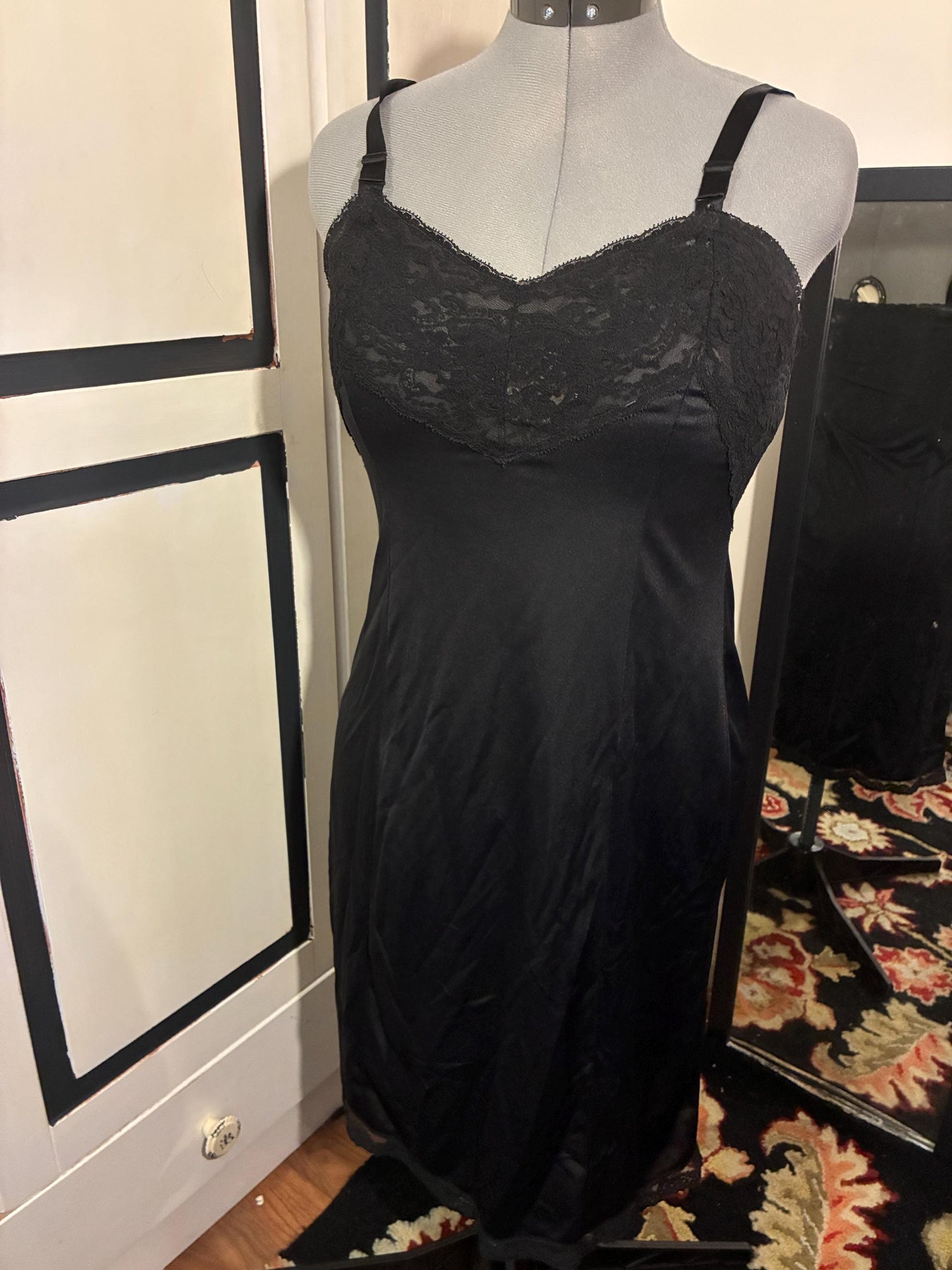 Vintage Black Full Slip with Lace Trim