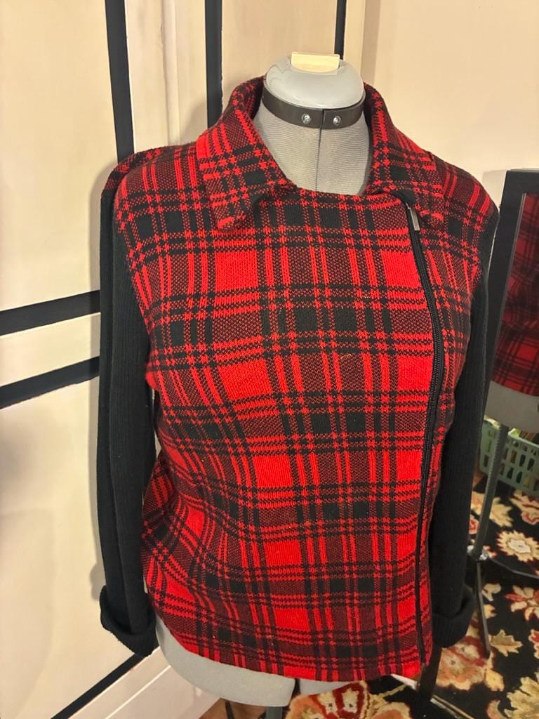 Vintage Plaid Moto Sweater Jacket